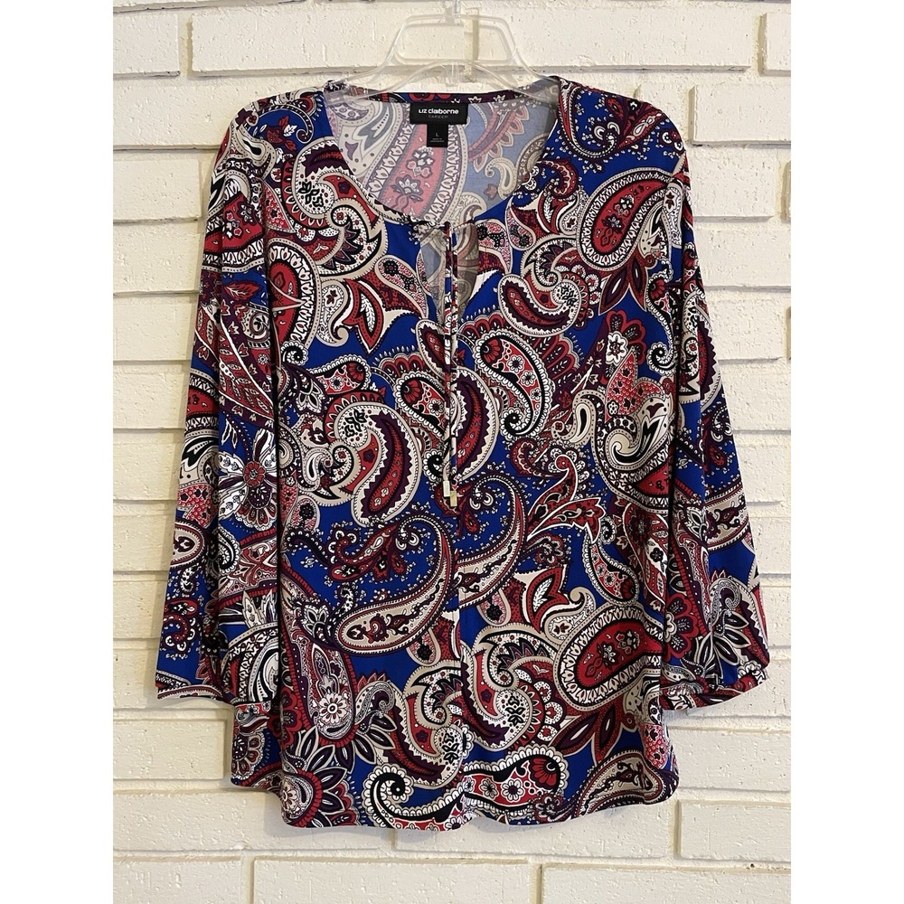 Liz Claiborne Career Women Paisley 3/4 Sleeve Blouse Multicolor Size Lg Tie Neck